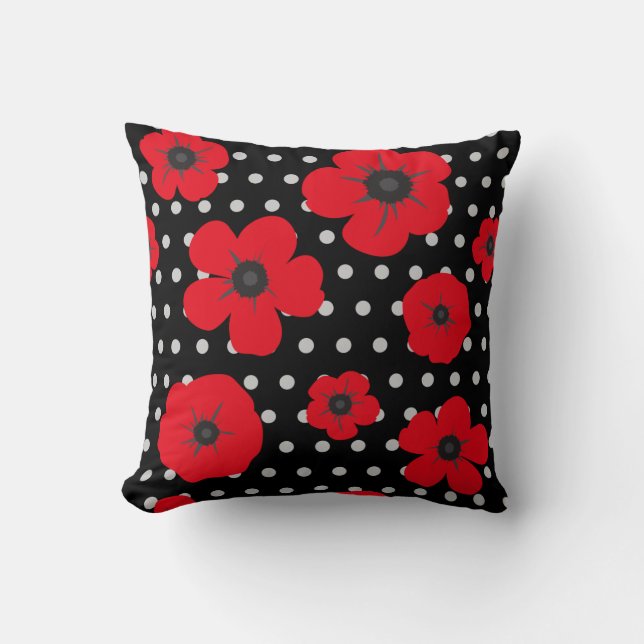 Rood en Zwart Poppy en Polka Dot Patroon Kussen (Voorkant)