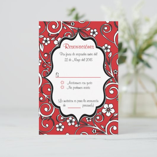 Rood en zwart Quinceañera Spaanse RSVP-kaart Kaart (Staand voorkant)
