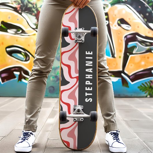 Rood en Zwart Retro Modern Abstract Marmer Werveli Persoonlijk Skateboard