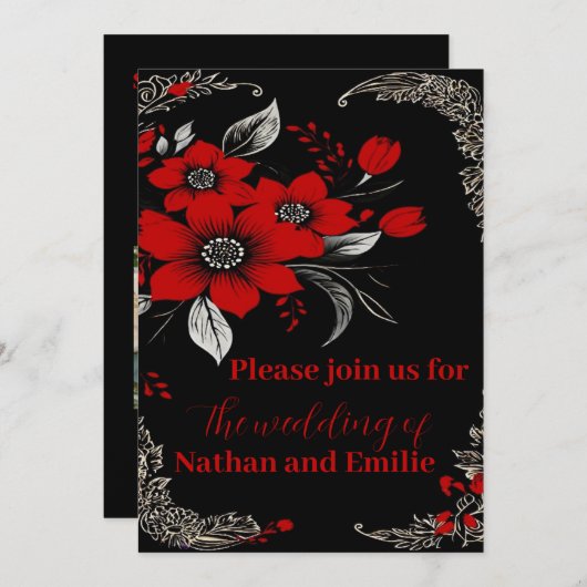 Rood en zwart Romantische huwelijksuitnodiging Kaart (Voorkant / Achterkant)