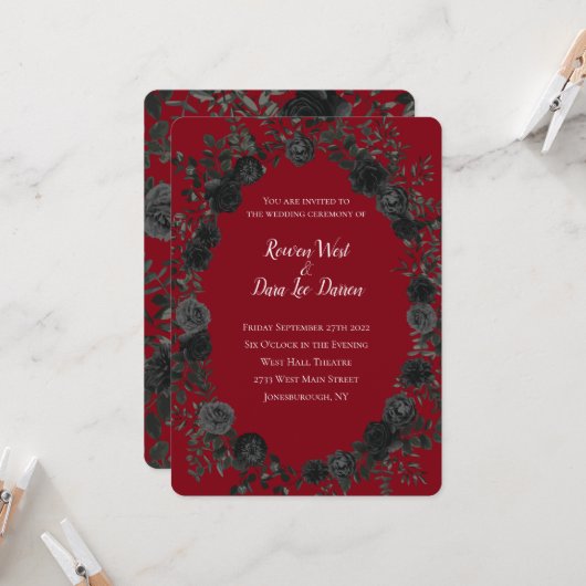 Rood en zwart Roos Gothic Wedding Invitations Kaart (Voorkant / Achterkant in situ)