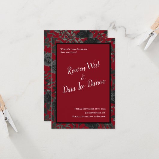 Rood en zwart Roos Gothic Wedding Save the Date Kaart (Voorkant / Achterkant in situ)