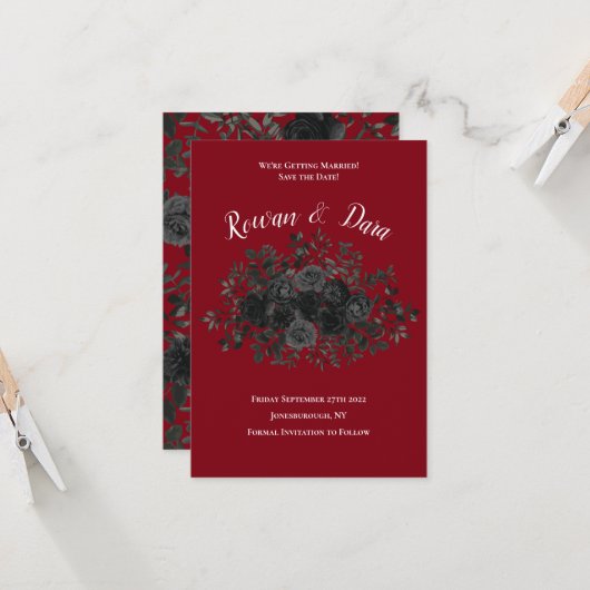 Rood en zwart Roos Gothic Wedding Save the Date Kaart (Voorkant / Achterkant in situ)
