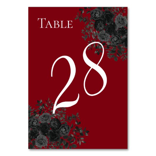 Rood en zwart Roos Gothic Wedding Table Numbers Kaart (Voorkant)