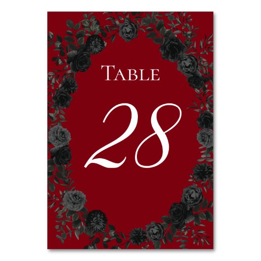 Rood en zwart Roos Gothic Wedding Table Numbers Kaart (Voorkant)