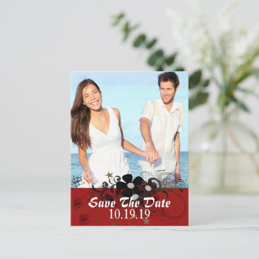 Rood en zwart sparen de Datum met UW Foto Aankondigingskaart (Staand voorkant)