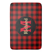 Rood en zwart speldenmonogram en naam badmat (Voorkant Verticaal)