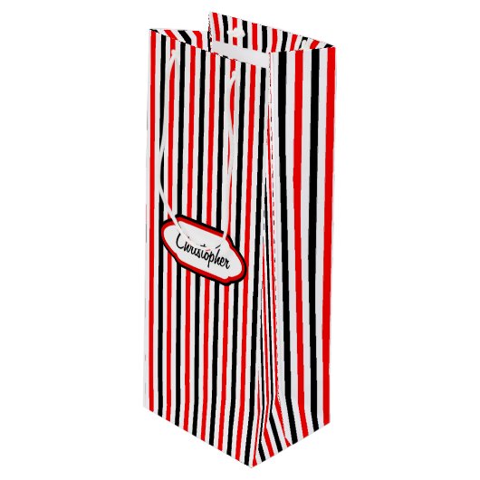 Rood en zwart strepenpatroon wijn cadeautas (Voorkant Gekanteld)