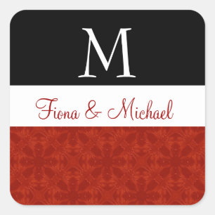 Rood en Zwart Subtiel Bloemen Bruiloft Monogram M Vierkante Sticker