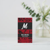 Rood en zwart Swirly Damask Monogram Visitekaartje (Staand voorkant)