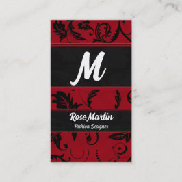 Rood en zwart Swirly Damask Monogram Visitekaartje