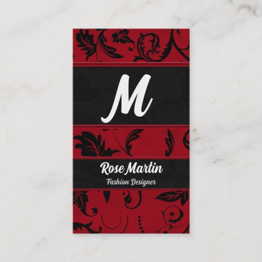 Rood en zwart Swirly Damask Monogram Visitekaartje (Voorkant)