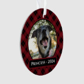 Rood en zwart Tartan Plaid Hond Foto Kerstmis Ornament (voorkant)