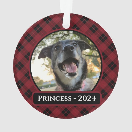 Rood en zwart Tartan Plaid Hond Foto Kerstmis Ornament (achterkant)