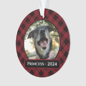 Rood en zwart Tartan Plaid Hond Foto Kerstmis Ornament (voorkant)