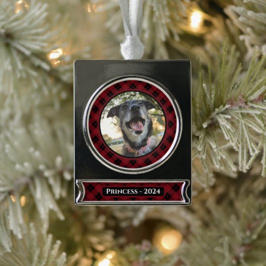 Rood en zwart Tartan Plaid Hond Foto Kerstmis Verzilverd Banner Ornament (Boom)