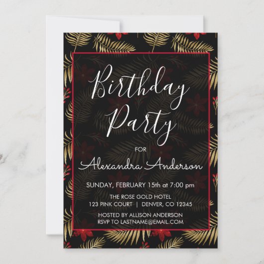 Rood en zwart Tropisch Blad Elk Leeftijd Verjaarda Kaart (Voorkant)