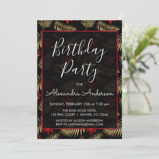 Rood en zwart Tropisch Blad Elk Leeftijd Verjaarda Kaart (Staand voorkant)