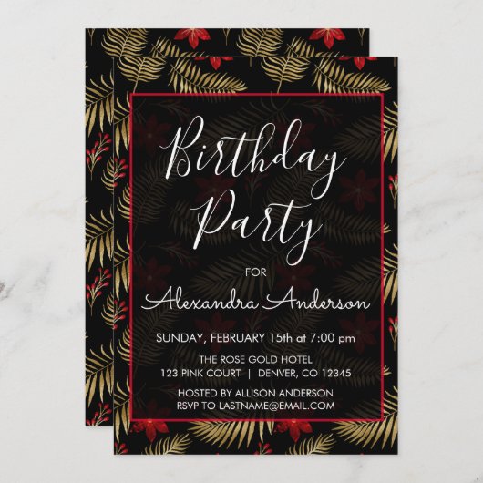 Rood en zwart Tropisch Blad Elk Leeftijd Verjaarda Kaart (Voorkant / Achterkant)