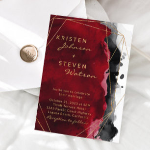 Rood en Zwart Waterverf bruiloft uitnodiging