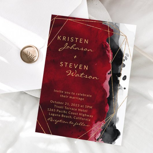 Rood en Zwart Waterverf bruiloft uitnodiging