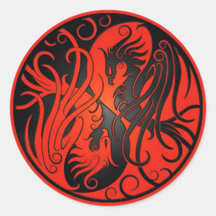 Rood en Zwart Yin Yang Phoenix Ronde Sticker