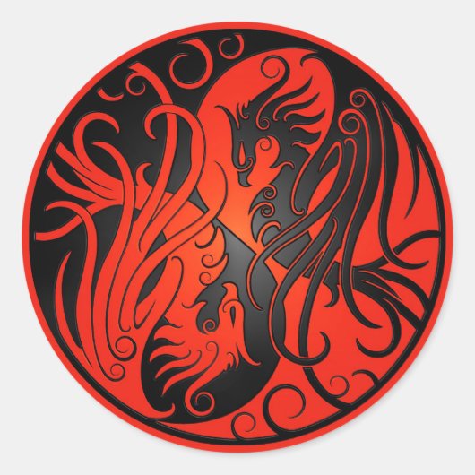 Rood en Zwart Yin Yang Phoenix Ronde Sticker (Voorkant)