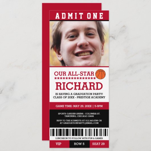 Rood- en Zwarte Basketball Graduation Party nodigt Kaart (Voorkant / Achterkant)
