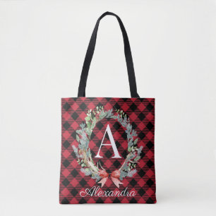 Rood- en zwarte buffelmonogram kerstmis tote bag