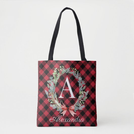 Rood- en zwarte buffelmonogram kerstmis tote bag (Voorkant)