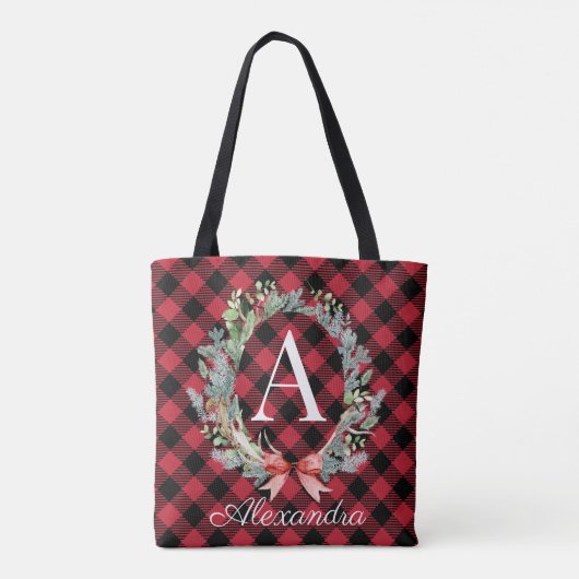 Rood- en zwarte buffelmonogram kerstmis tote bag (Achterkant)