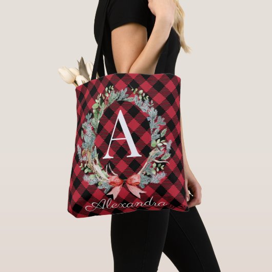 Rood- en zwarte buffelmonogram kerstmis tote bag (Dichtbij)