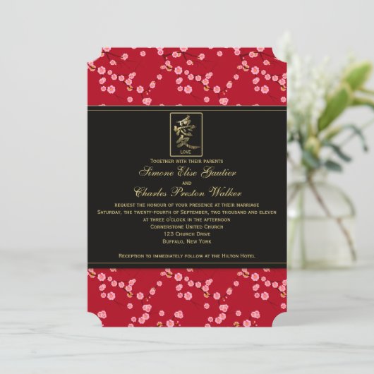 Rood en zwarte Cherry Blossom Wedding Invitation Kaart (Staand voorkant)
