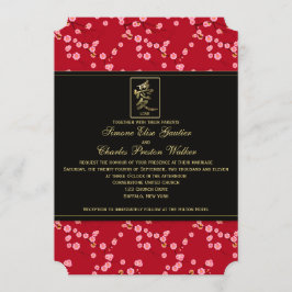 Rood en zwarte Cherry Blossom Wedding Invitation Kaart