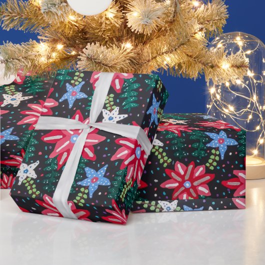 Rood- en zwarte foral cadeaupapier (Feestdagen)