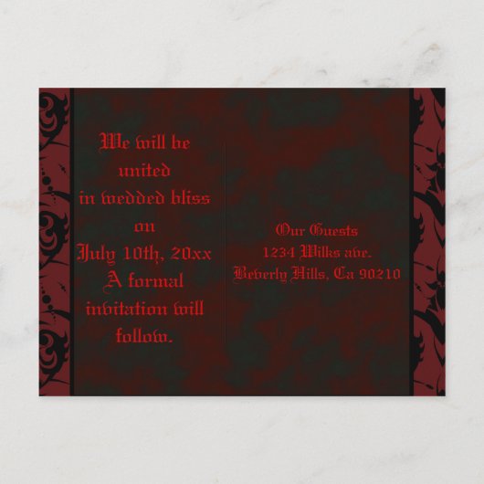 Rood- en zwarte Gothic Aankondigingskaart (Achterkant)