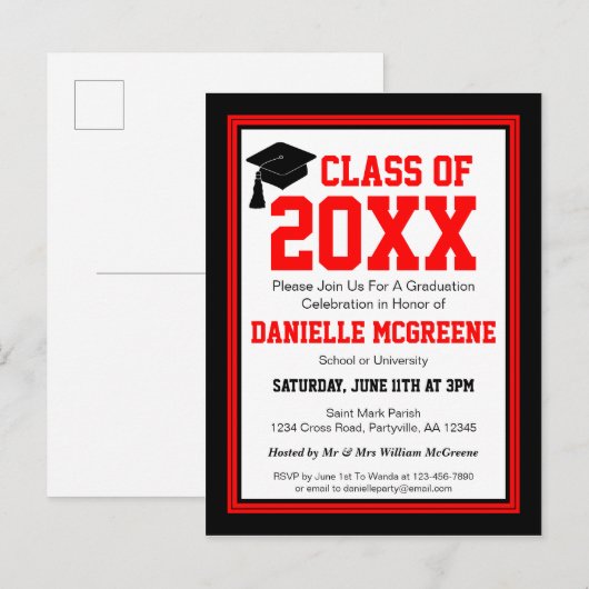 Rood- en Zwarte-Jaar GraduPartij Uitnodiging Briefkaart (Voorkant / Achterkant)
