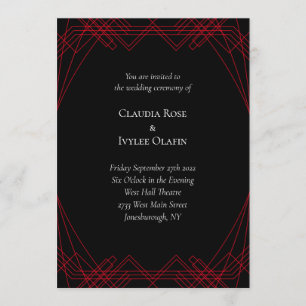 Rood- en Zwarte Kunst Deco Gothic Wedding Invitati Kaart