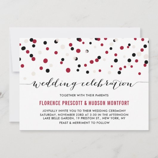 Rood- en zwarte moderne Confetti Stippen bruiloft Kaart (Voorkant)