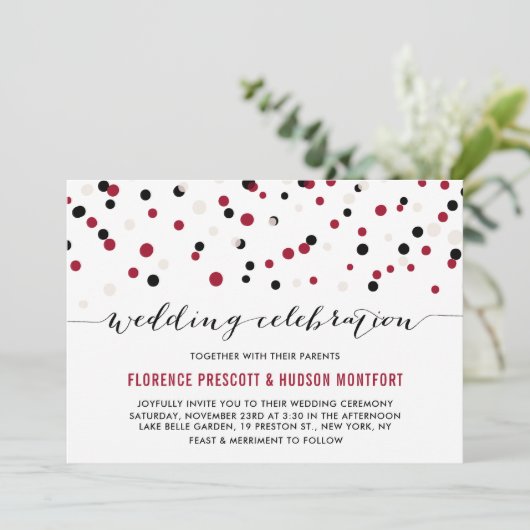 Rood- en zwarte moderne Confetti Stippen bruiloft Kaart (Staand voorkant)