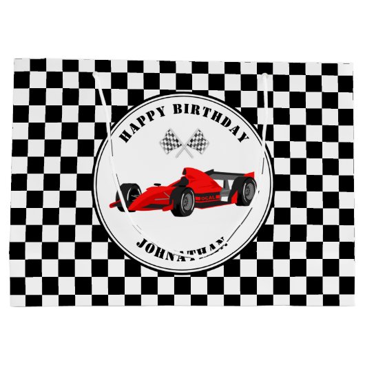 Rood- en zwarte-rackauto's, gecheckt op zaterdag g groot cadeauzakje (Achterkant)