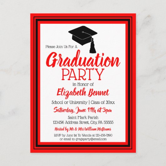 Rood- en zwarte-schoolkleuren-Afstudeerder Uitnodiging Briefkaart (Voorkant)