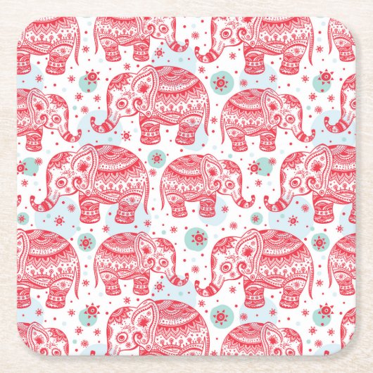 Rood etnisch olifantenpatroon kartonnen onderzetters (Voorkant)