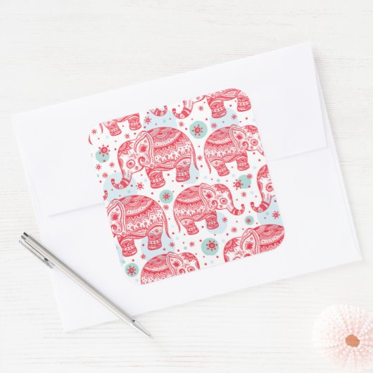 Rood etnisch olifantenpatroon vierkante sticker (Envelop)