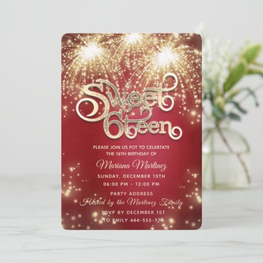 Rood fancy elegant vuurwerk gouden schittering kaart (Staand voorkant)