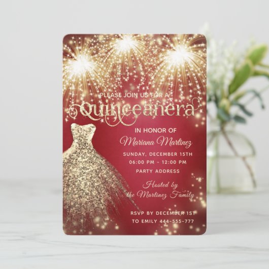 Rood fancy vuurwerk gouden sprankeljurk kaart (Staand voorkant)