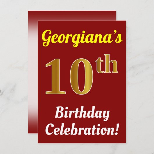 Rood, Faux Gold 10e verjaardag + Naam Kaart (Voorkant / Achterkant)