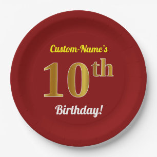 Rood, Faux Gold 10th Birthday + Eigen naam Papieren Bordje