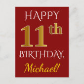 Rood, Faux Gold 11e verjaardag + Eigen naam Briefkaart (Voorkant)