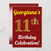 Rood, Faux Gold 11e verjaardag viering + naam Kaart (Voorkant / Achterkant)
